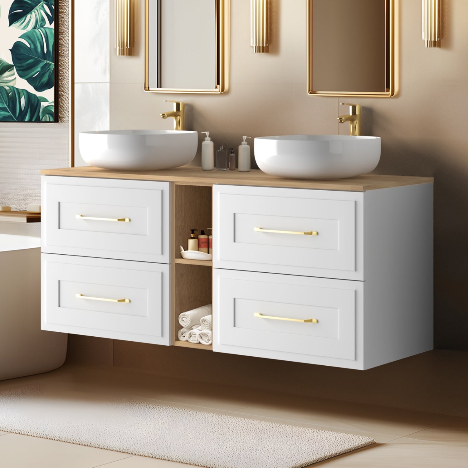 Classic 3 Cabinet Bathroom Vanity Unit Set 140cm with Worktop - White / Oak