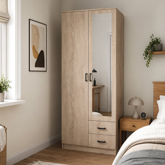 Tilly 2 Door Minimalist Style Mirrored Wardrobe with Drawers 80cm - Sonoma Oak