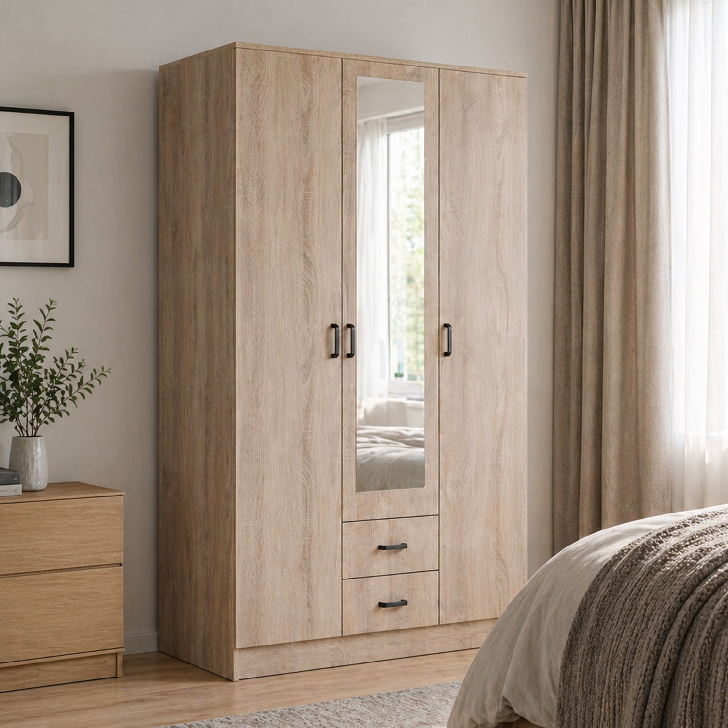 Theda Wardrobe with Mirror and Drawers - Sonoma Oak