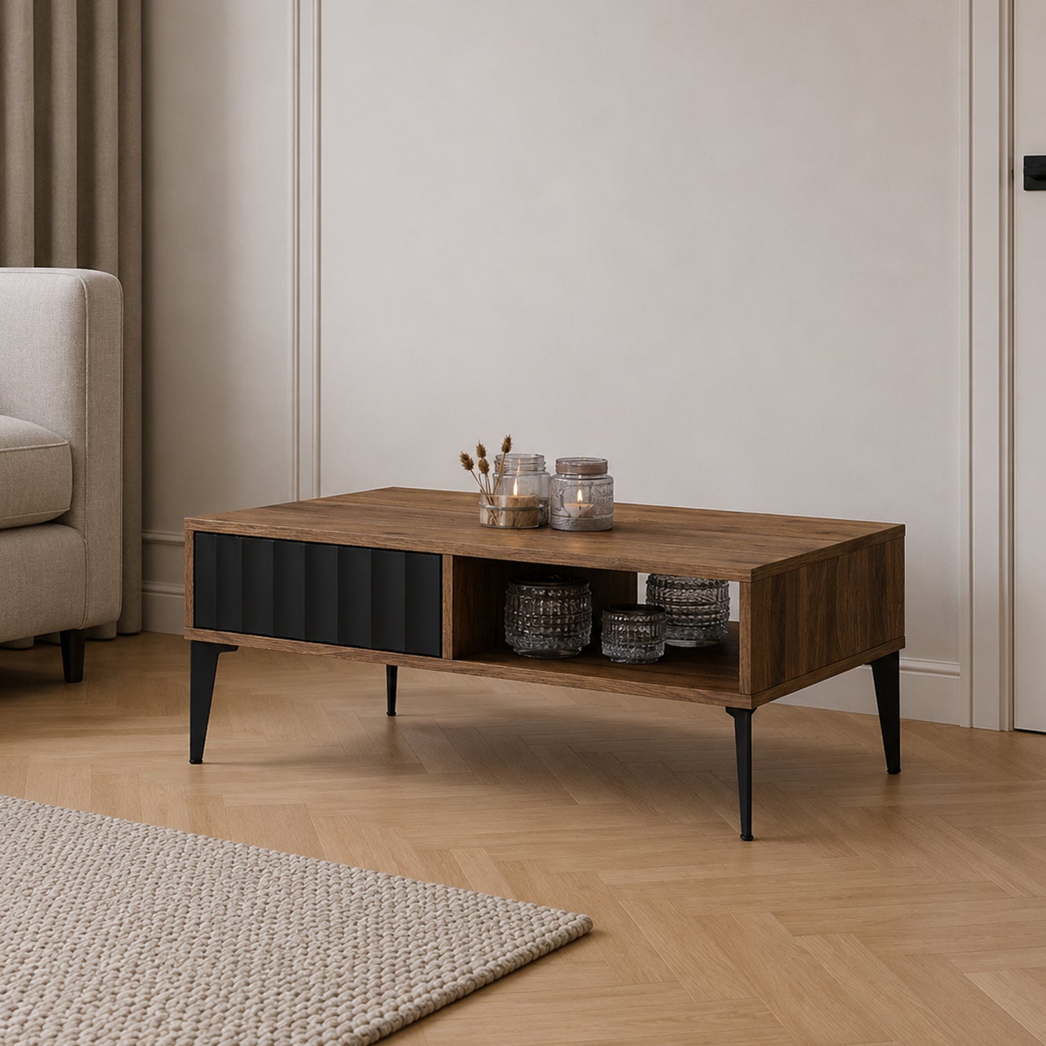 Rimini Premium Coffee Table with Storage and Drawer – Elegant Walnut / Black