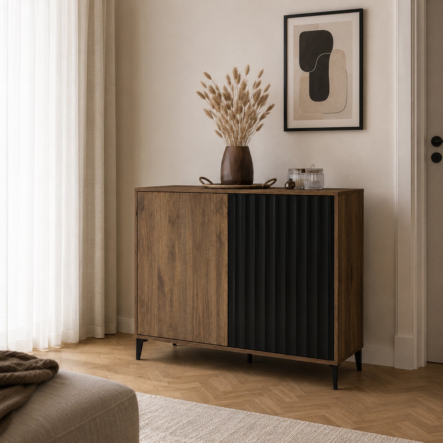 Rimini Premium 2 Door Textured Sideboard Cabinet – Elegant Walnut / Black