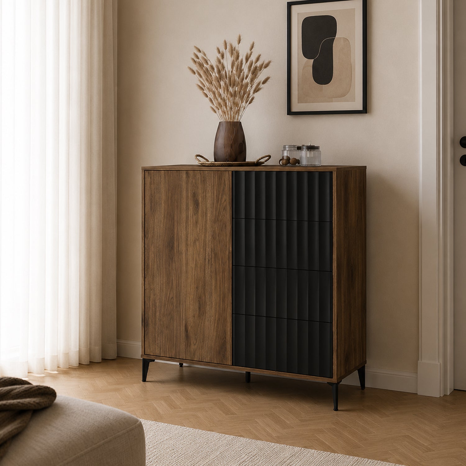 Rimini Premium Sideboard with 4 Ribbed Drawers – Elegant Walnut / Black