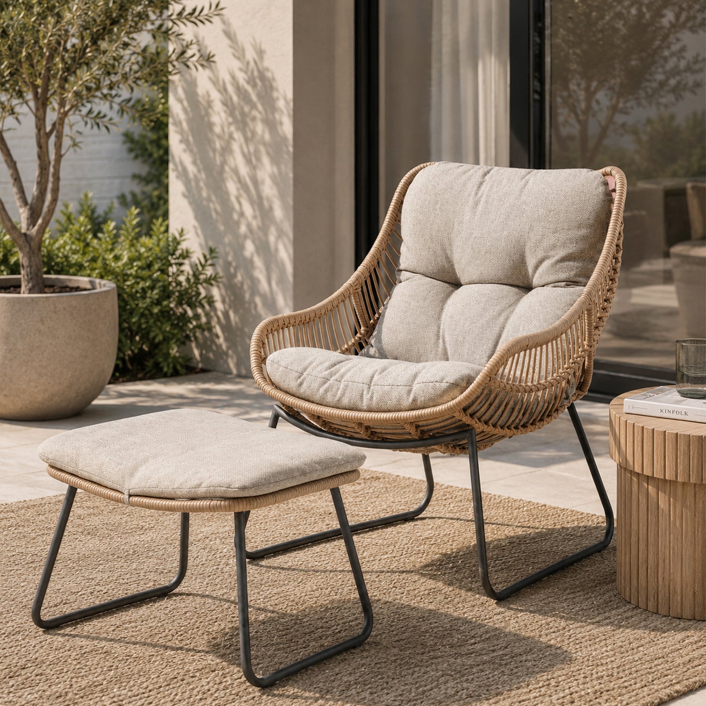 Oregon Rattan Lounge Chair with Footstool and Cushion - Grey / Brown