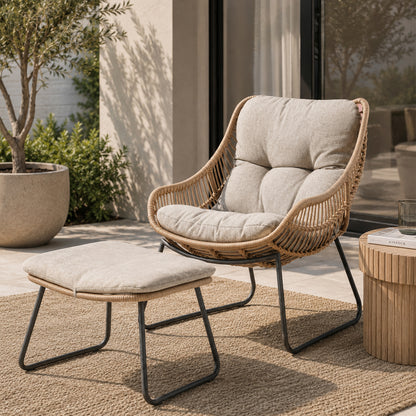 Oregon Rattan Lounge Chair with Footstool and Cushion - Grey / Brown