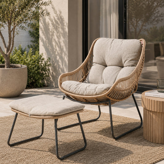 Oregon Rattan Lounge Chair with Footstool and Cushion - Grey / Brown