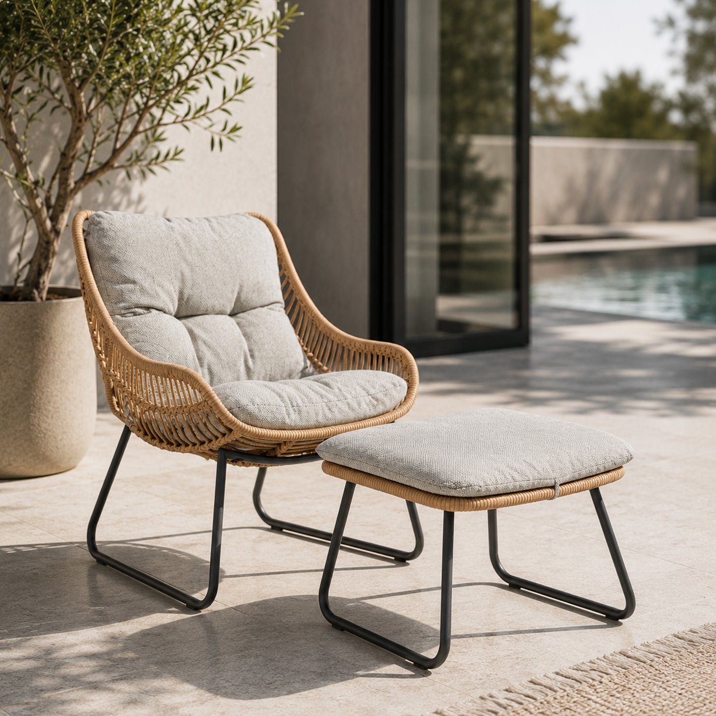 Oregon Rattan Lounge Chair with Footstool and Cushion - Grey / Brown
