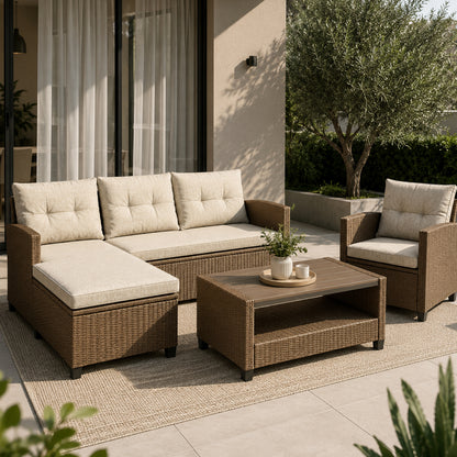 Bilbao Rattan Outdoor Corner Sofa Set with Coffee Table and Armchair - Brown / Beige