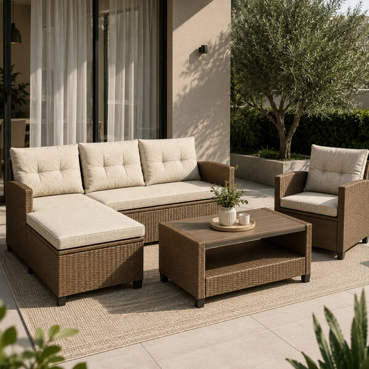 Bilbao Rattan Outdoor Corner Sofa Set with Coffee Table and Armchair - Brown / Beige