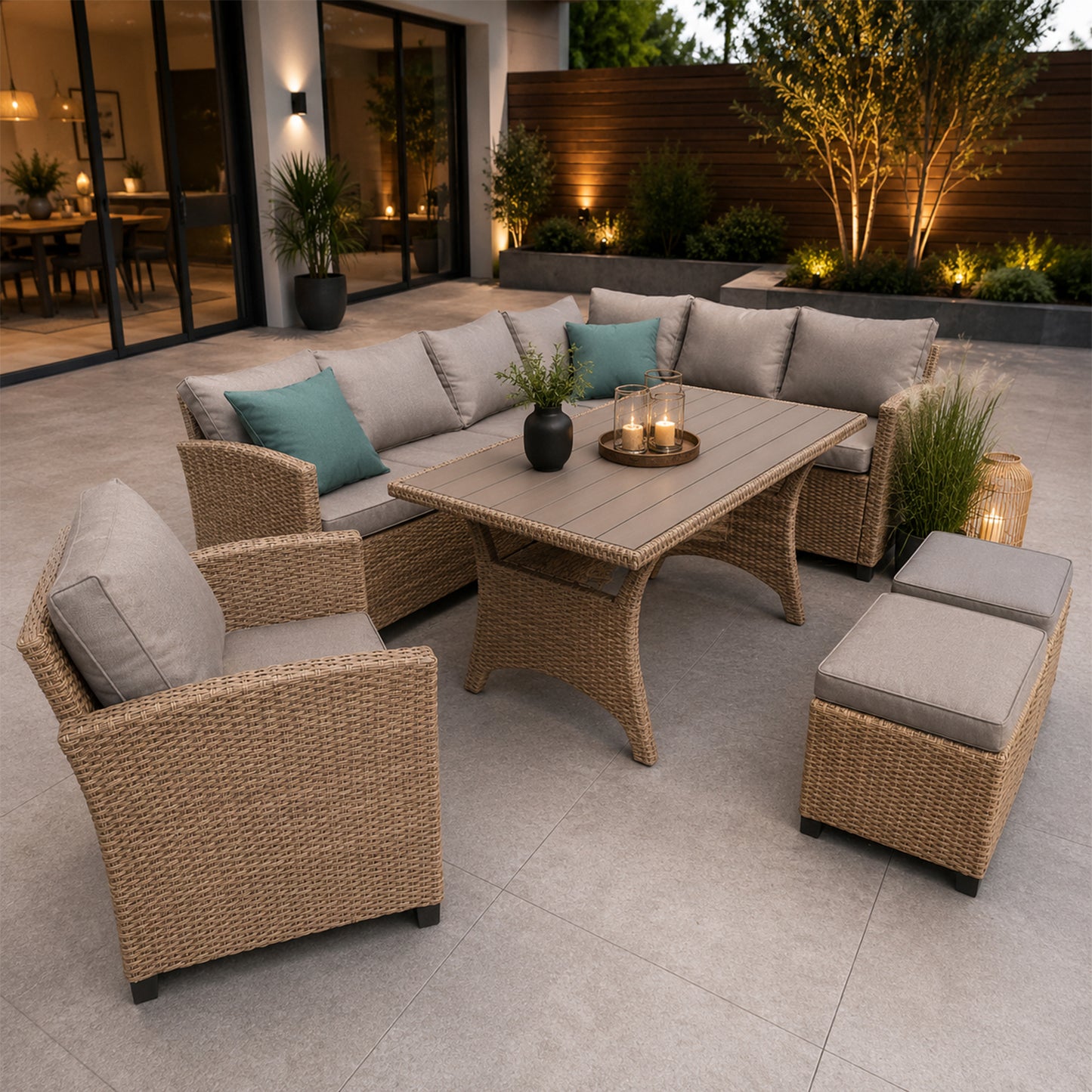 Barcelona Rattan Effect Outdoor Sofa Set with Table, Armchair and Two Cushioned Stools - Brown