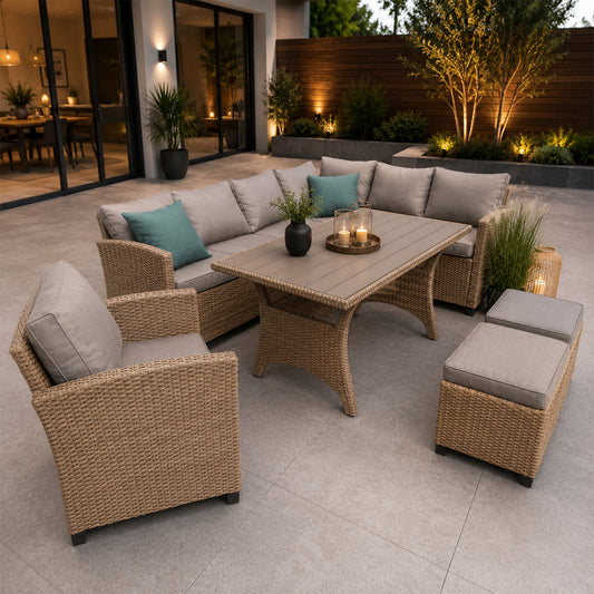 Barcelona Rattan Effect Outdoor Sofa Set with Table, Armchair and Two Cushioned Stools - Brown