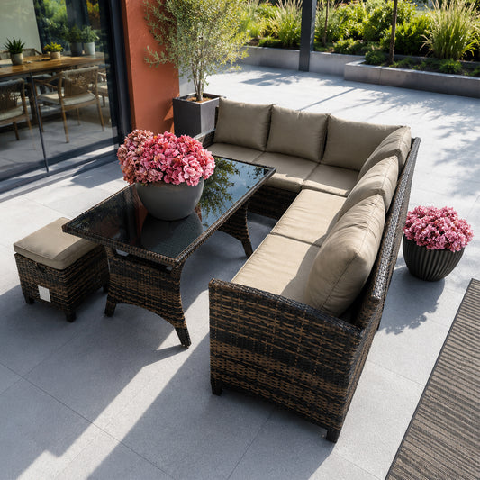 Malaga Rattan Garden Lounge Set with Table, Sofas and Cushioned Stools - Brown