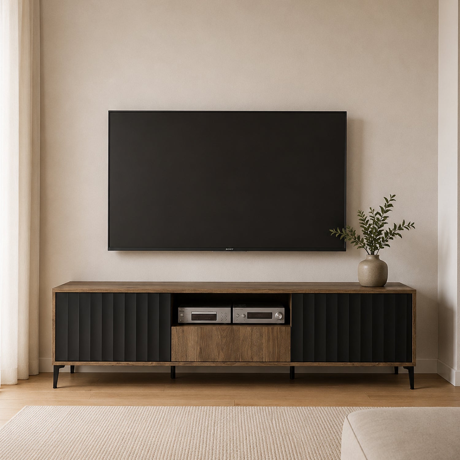 Rimini Premium TV Unit with Storage Modern Textured Drawers - Elegant Walnut / Black