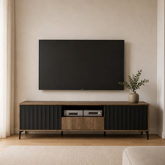 Rimini Premium TV Unit with Storage Modern Textured Drawers - Elegant Walnut / Black