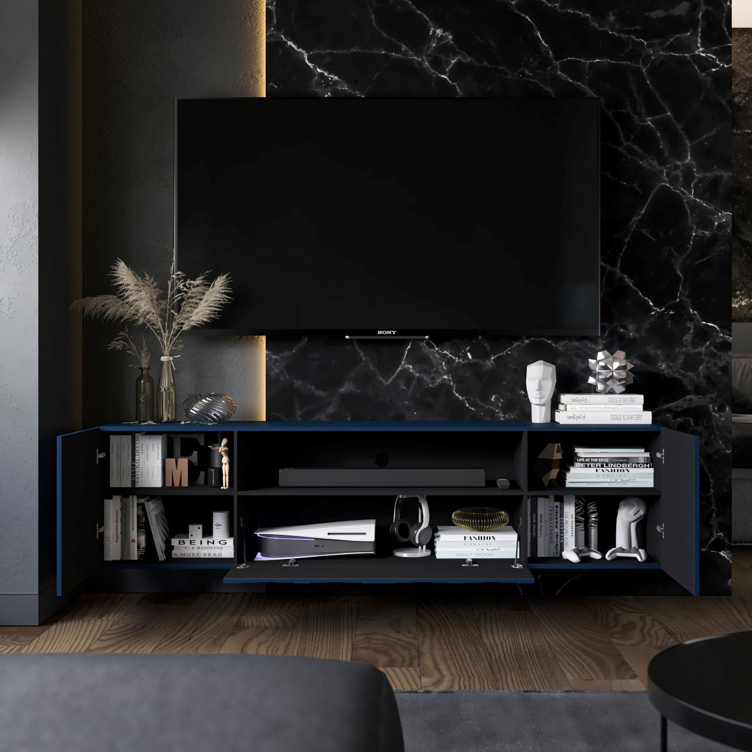 Elpis Glamour TV Cabinet Media Unit Extra Long 300 cm Wall Mounted - Navy Matt