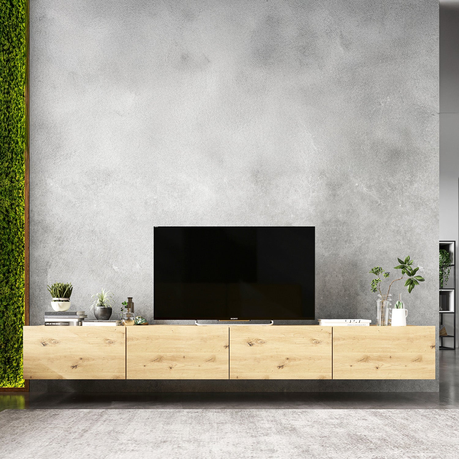 Enjoy Minimalist Wall-Mounted TV Unit – 4-Door Wide Design - Oak Artisan
