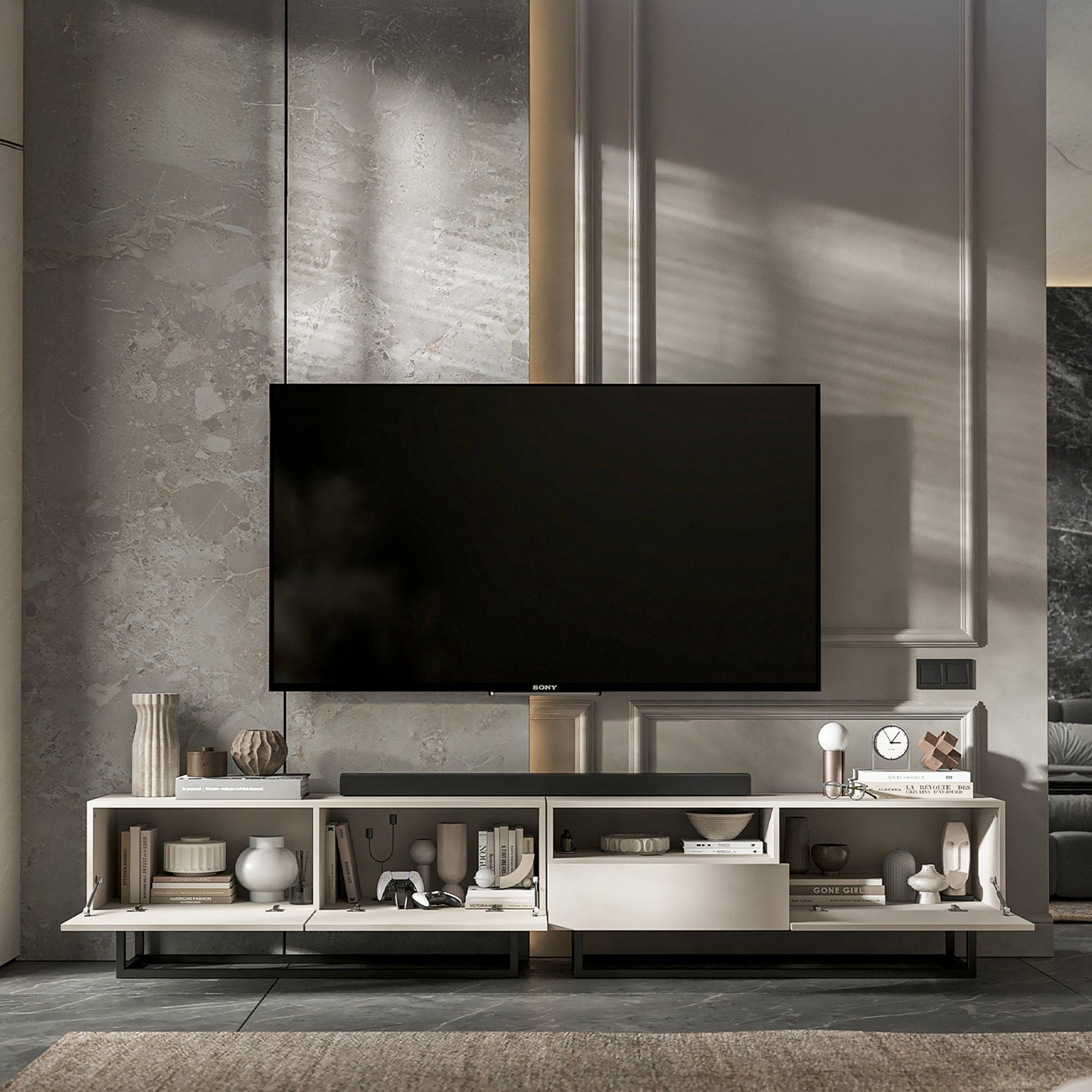 Enjoy Minimalist Freestanding TV Unit with Open Shelf and Metal Base – Cashmere