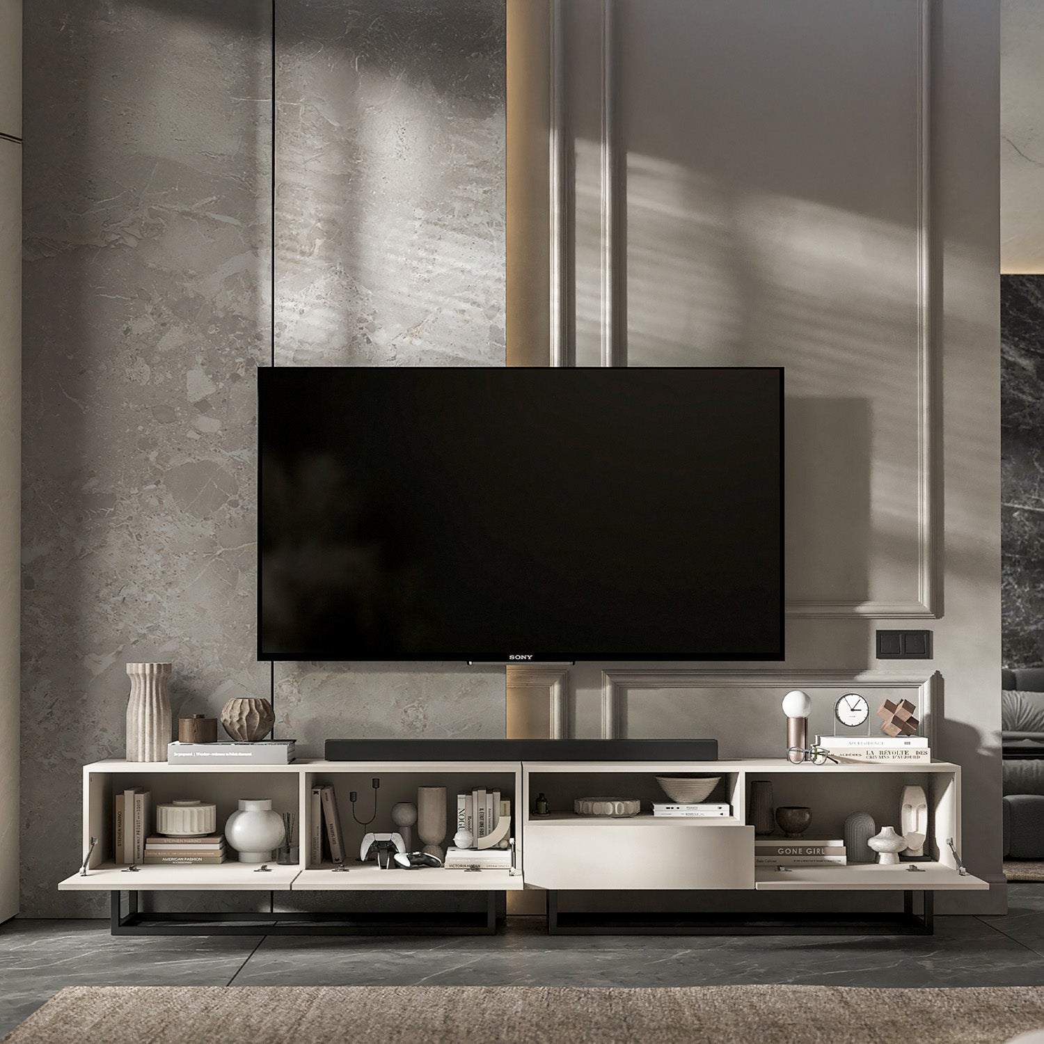 Enjoy Minimalist Freestanding TV Unit with Open Shelf and Metal Base – Cashmere