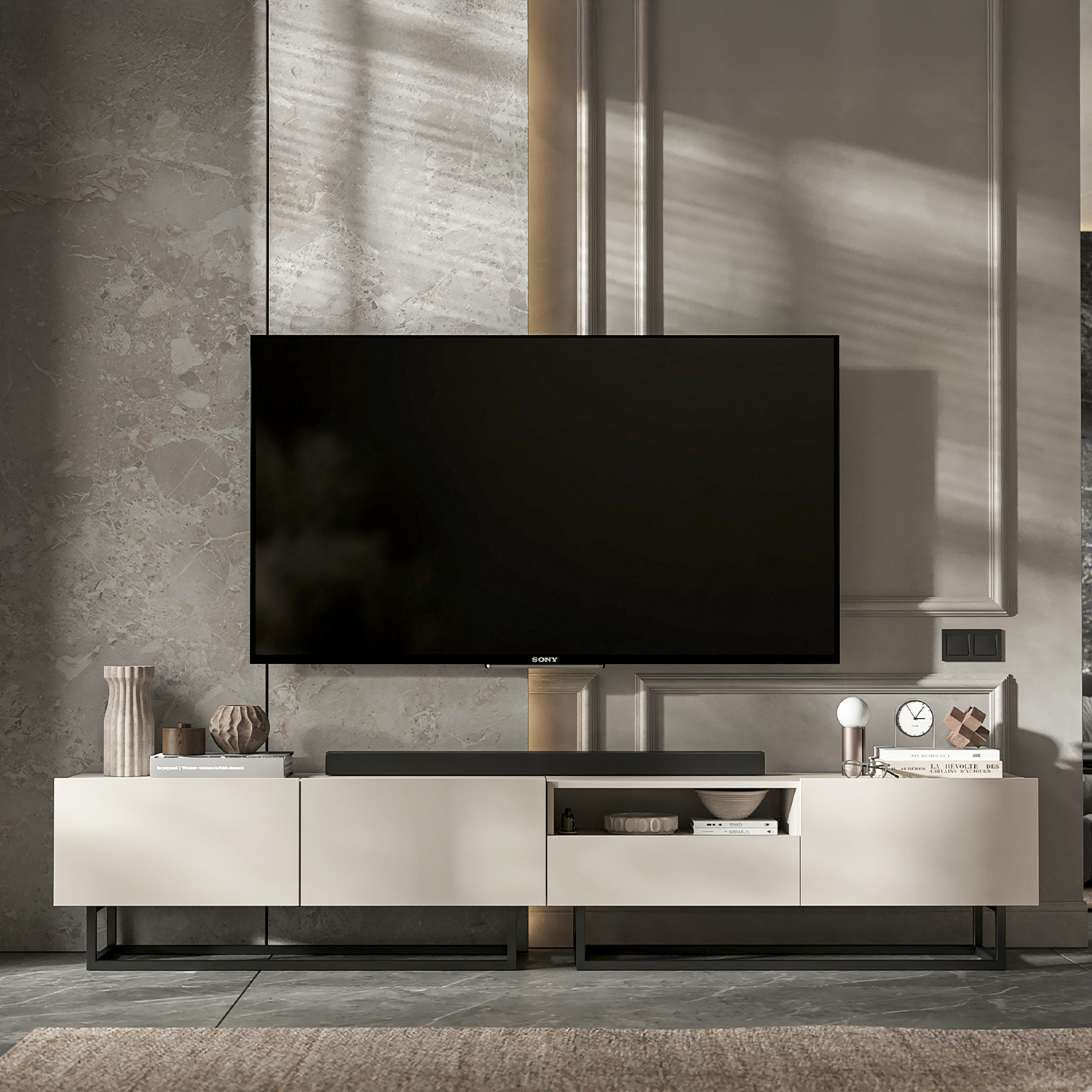 Enjoy Minimalist Freestanding TV Unit with Open Shelf and Metal Base – Cashmere