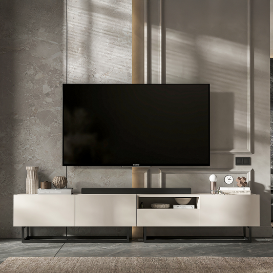Enjoy Minimalist Freestanding TV Unit with Open Shelf and Metal Base – Cashmere