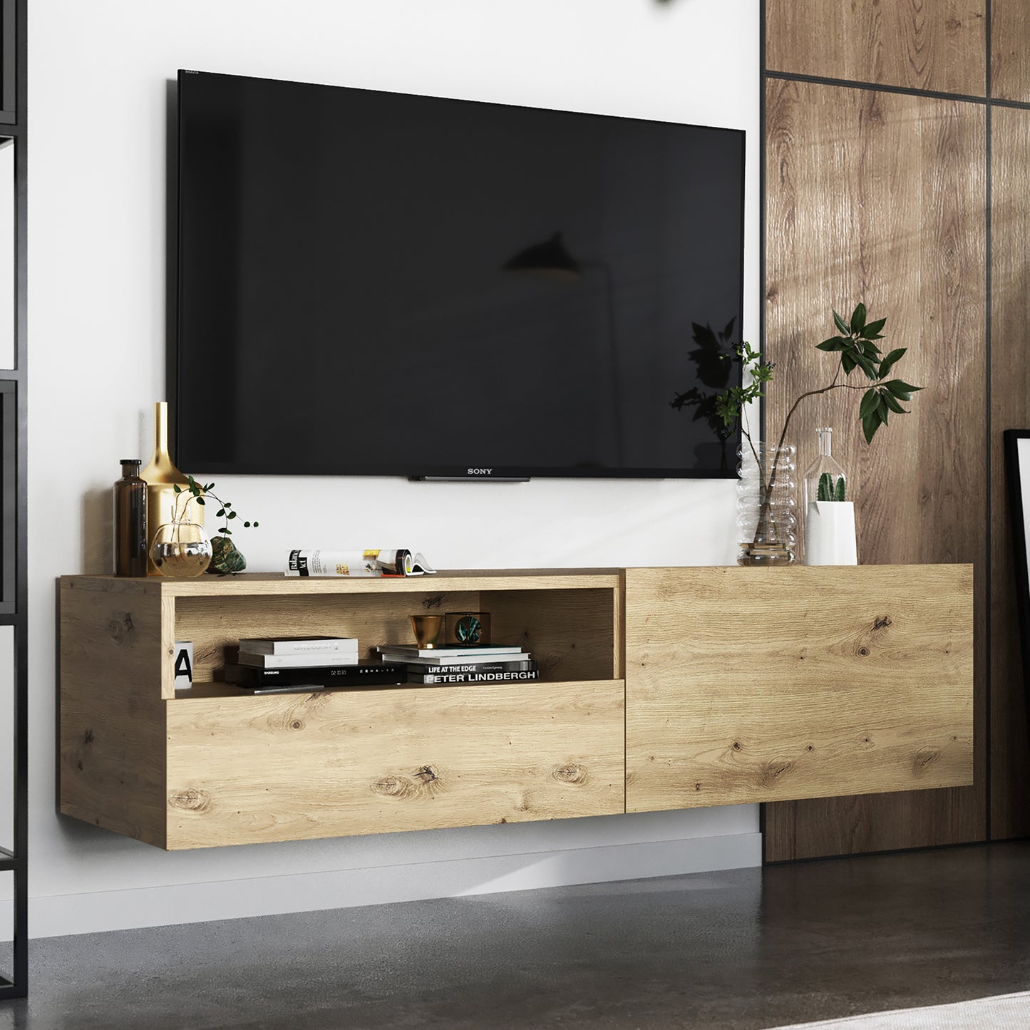 Enjoy Minimalist Wall-Mounted TV Unit with Open Shelf - Oak Artisan