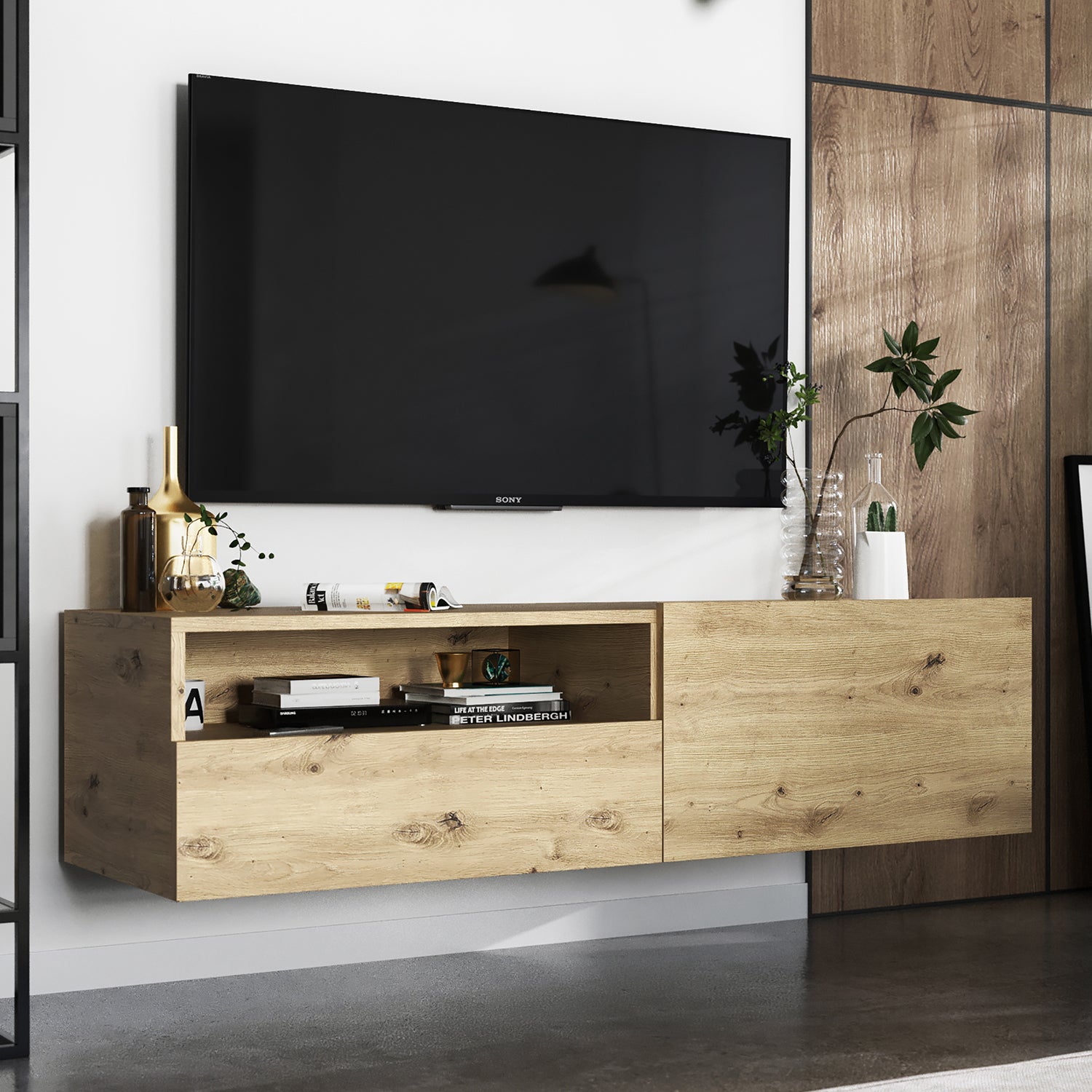 Enjoy Minimalist Wall-Mounted TV Unit with Open Shelf - Oak Artisan