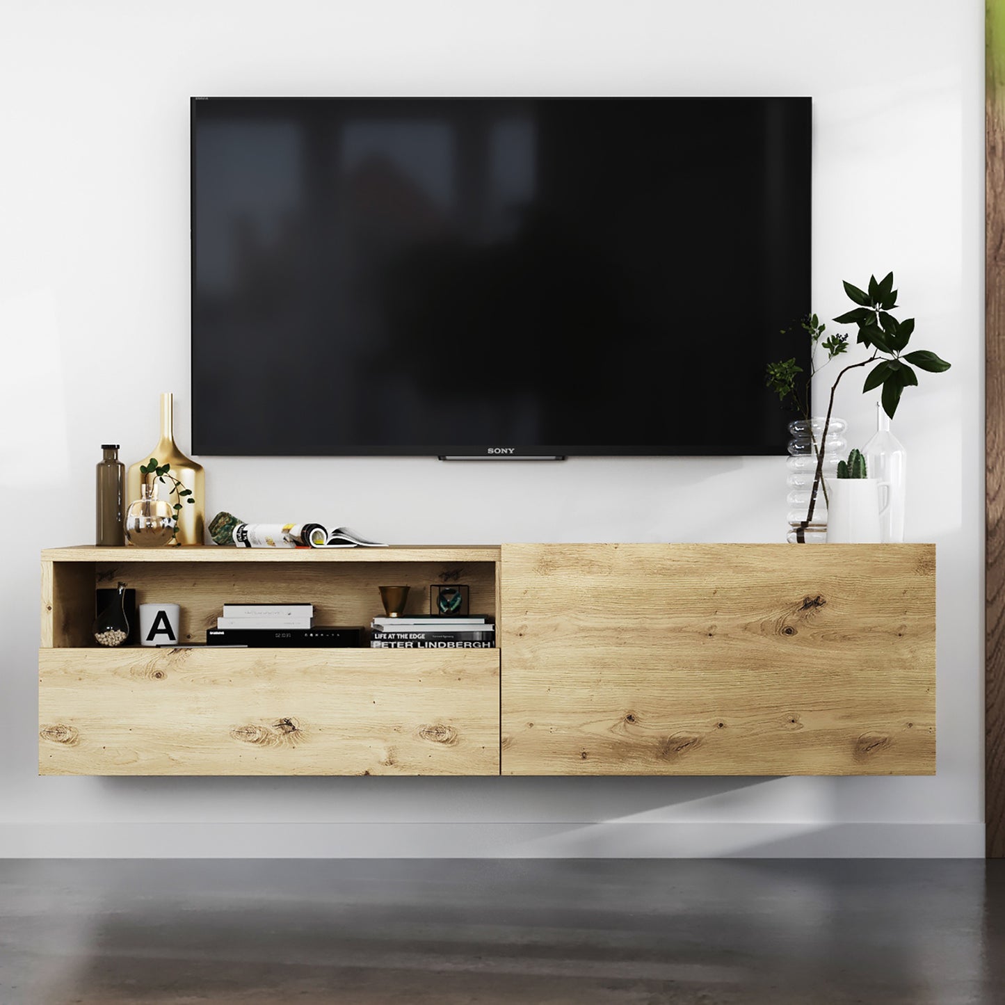 Enjoy Minimalist Wall-Mounted TV Unit with Open Shelf - Oak Artisan