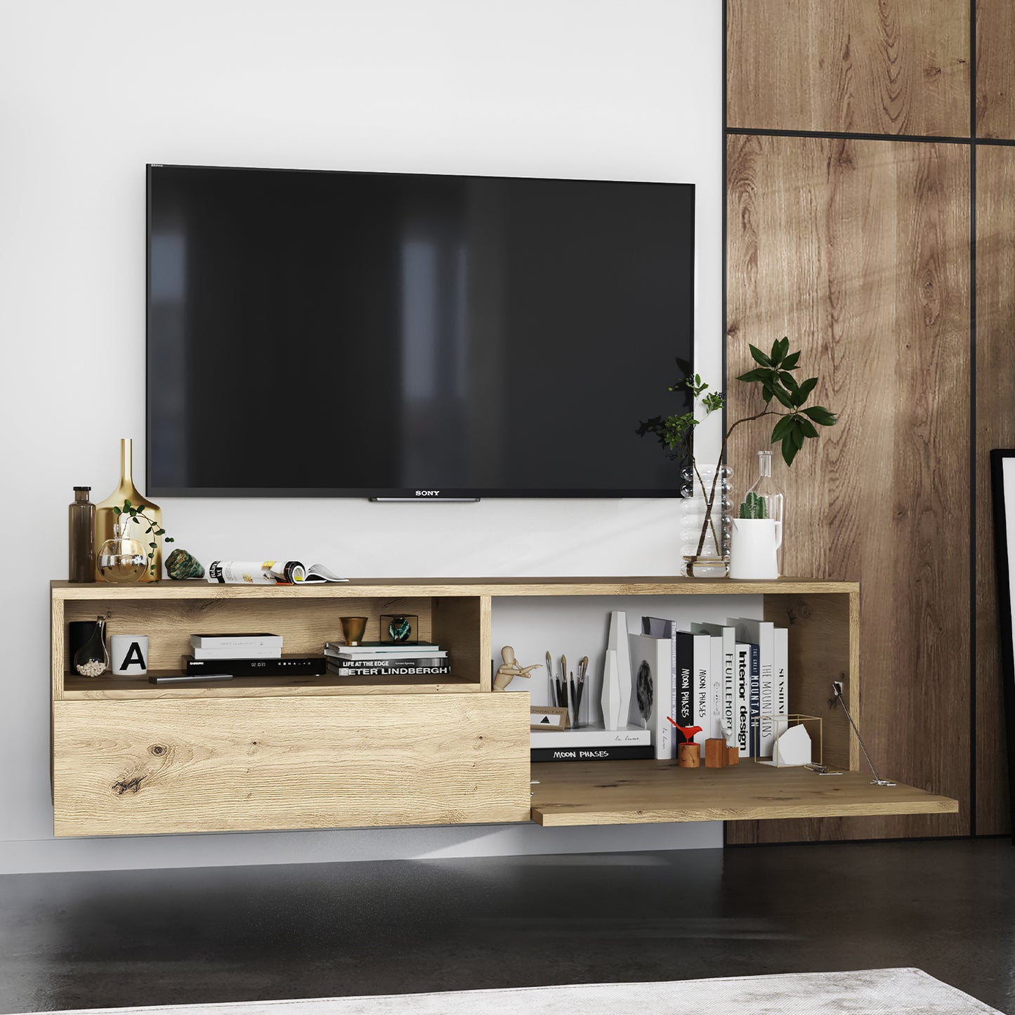 Enjoy Minimalist Wall-Mounted TV Unit with Open Shelf - Oak Artisan