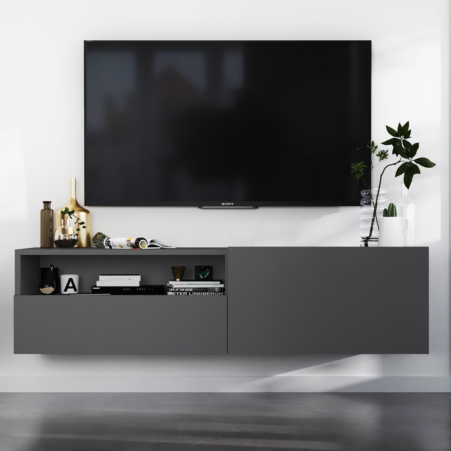 Enjoy Minimalist Wall-Mounted TV Unit with Open Shelf - Graphite