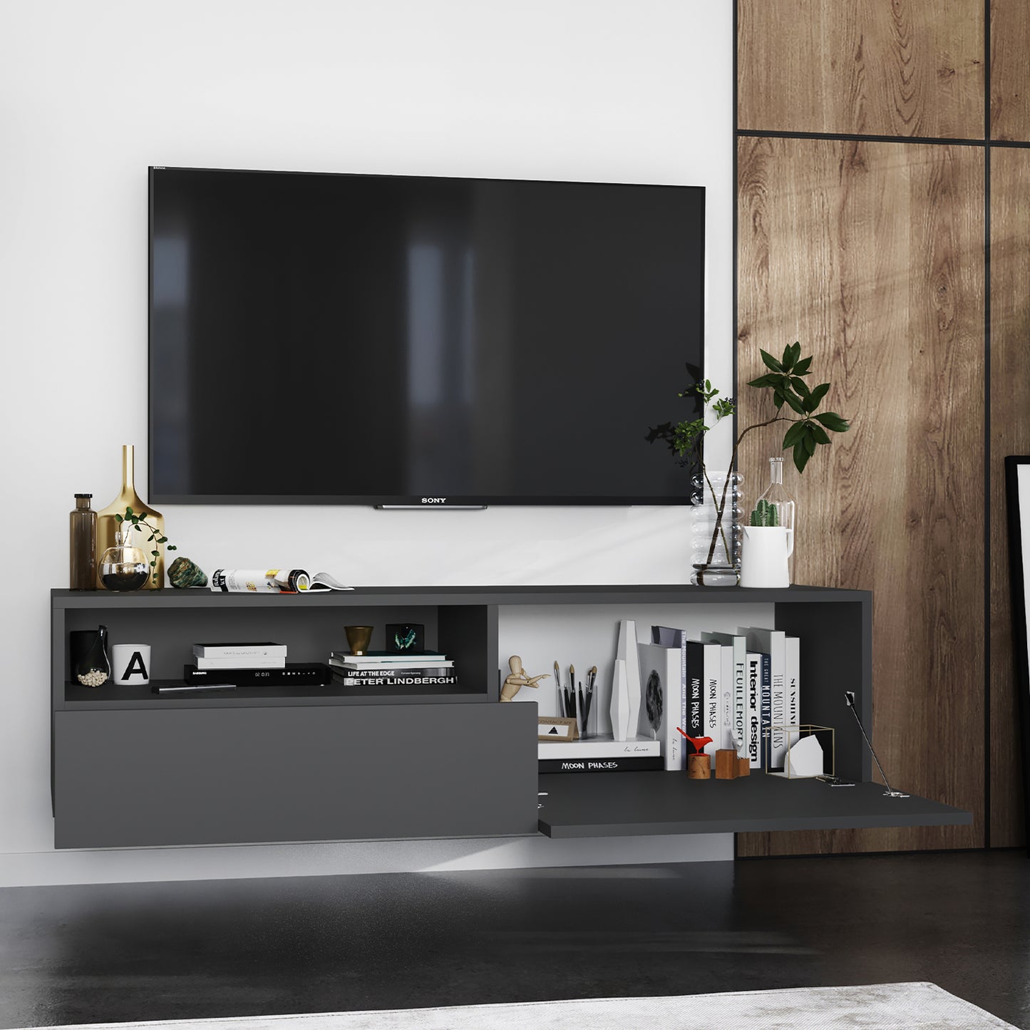 Enjoy Minimalist Wall-Mounted TV Unit with Open Shelf - Graphite