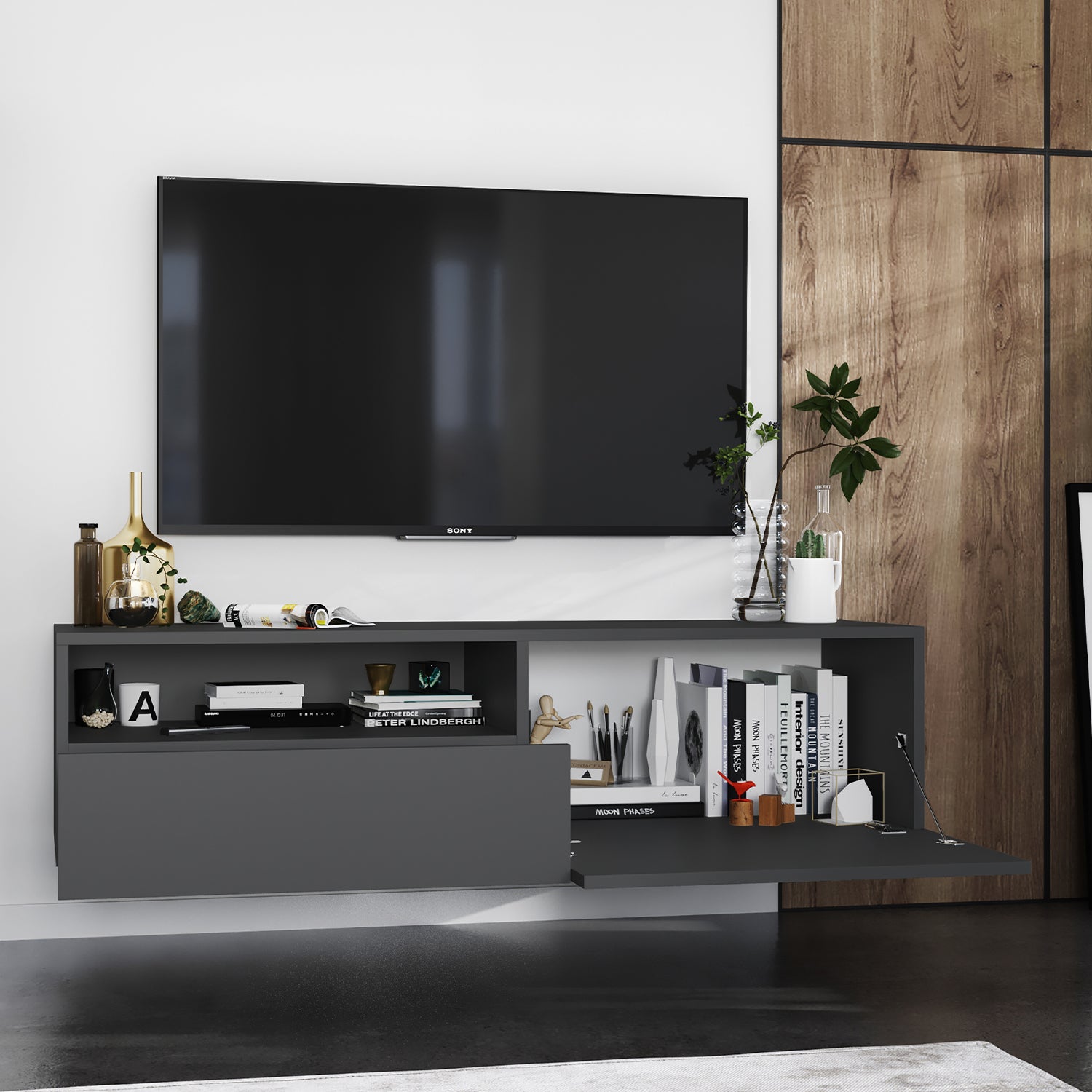 Enjoy Minimalist Wall-Mounted TV Unit with Open Shelf - Graphite