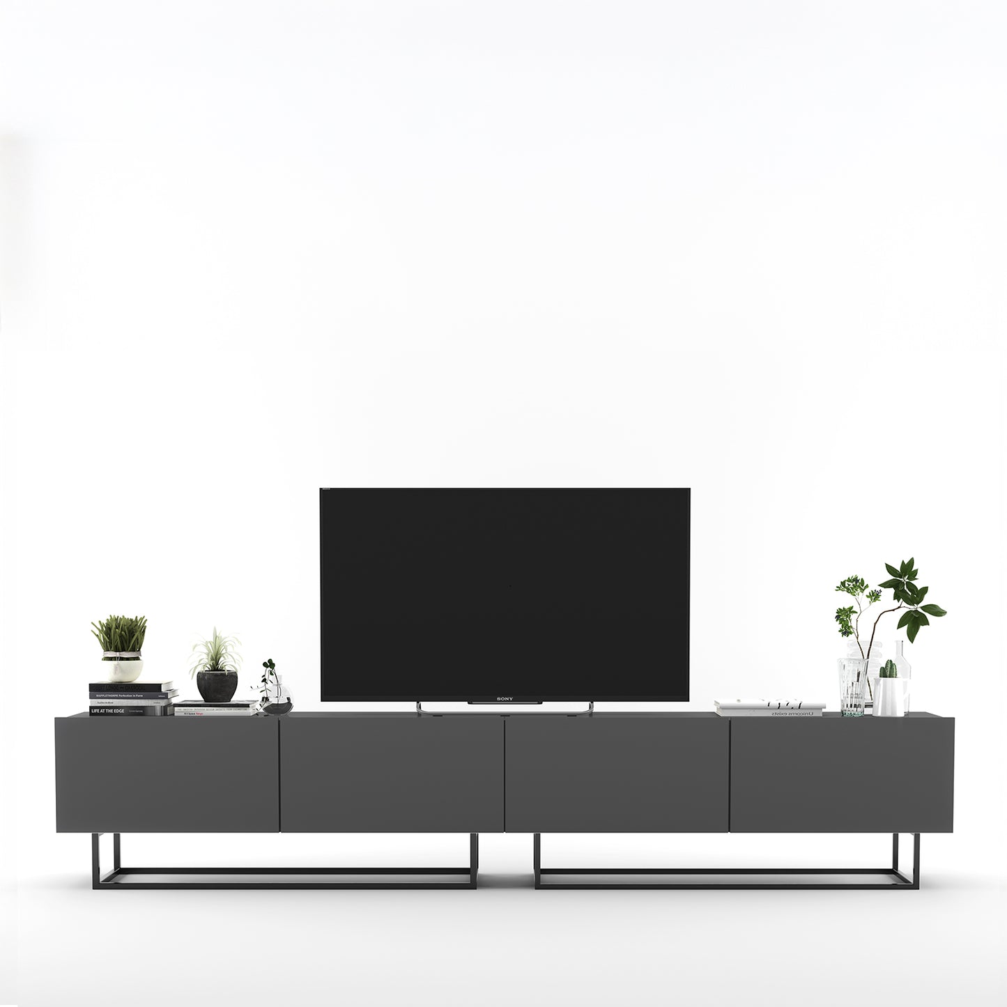 Enjoy Minimalist Freestanding TV Unit with Metal Base 4-Door Wide Design - Graphite