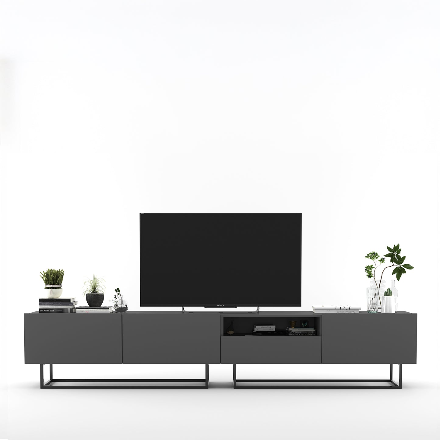 Enjoy Minimalist Freestanding TV Unit with Open Shelf and Metal Base – Graphite