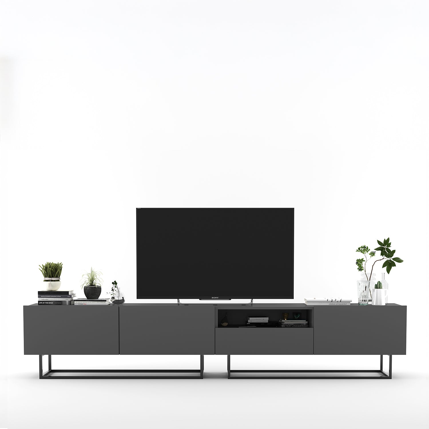 Enjoy Minimalist Freestanding TV Unit with Open Shelf and Metal Base – Graphite