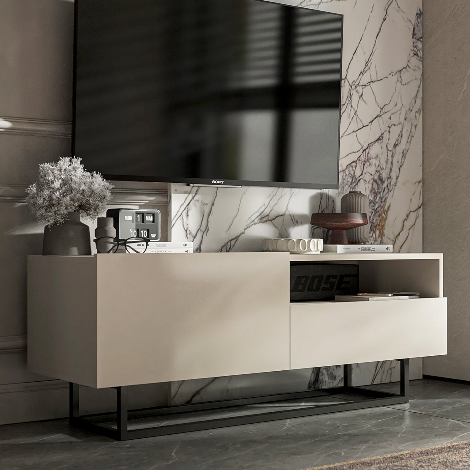 Enjoy Minimalist Freestanding TV Unit with Open Shelf and Metal Base – Cashmere