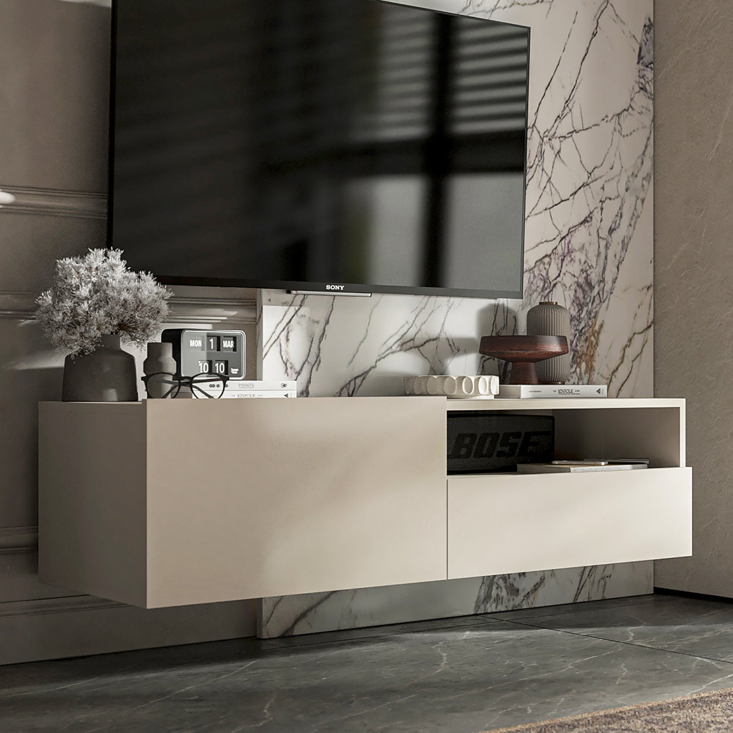 Enjoy Minimalist Wall-Mounted TV Unit with Open Shelf - Cashmere