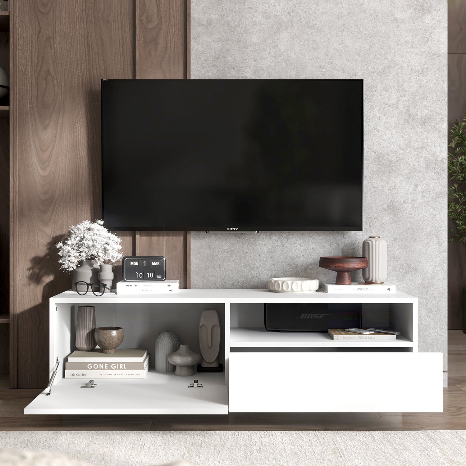 Enjoy Minimalist Stand TV Unit with open shelf - White
