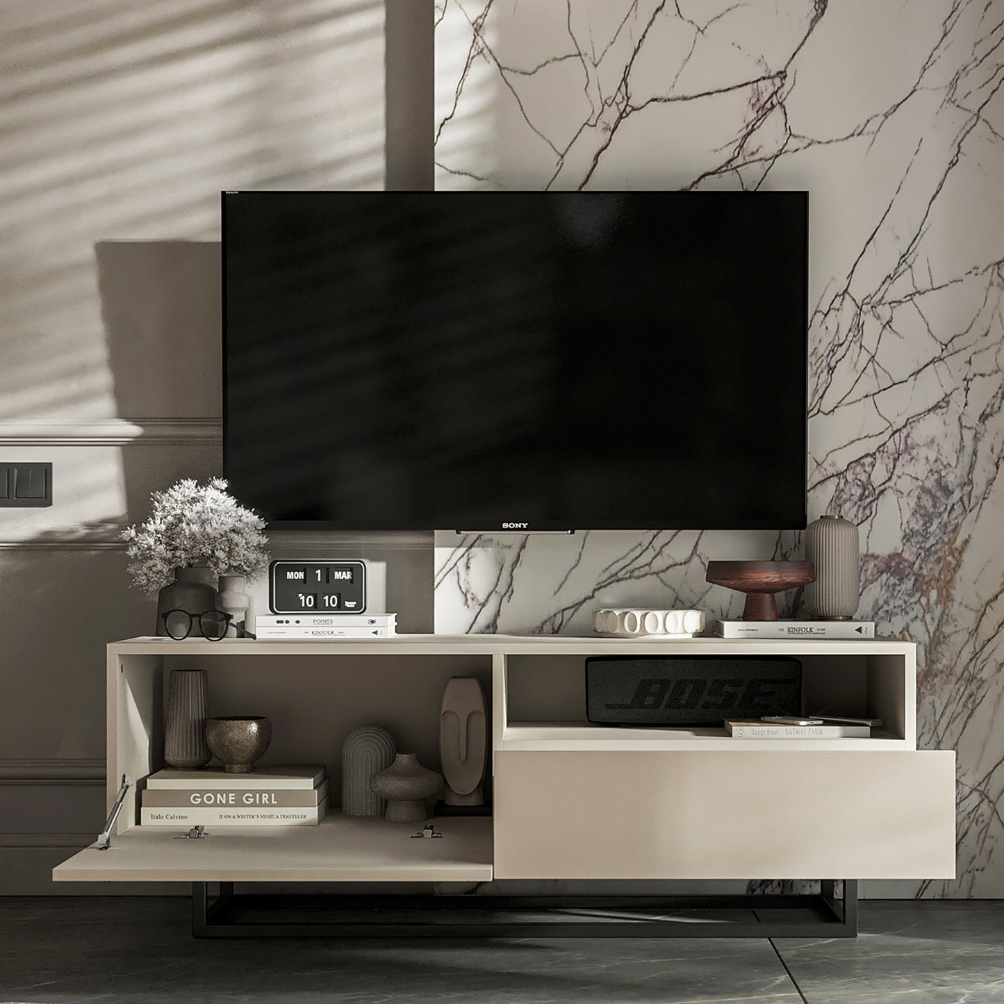Enjoy Minimalist Freestanding TV Unit with Open Shelf and Metal Base – Cashmere