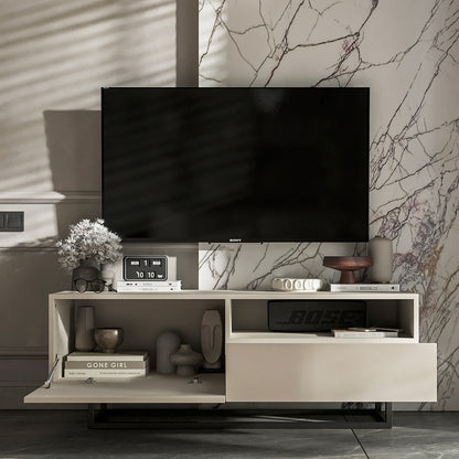Enjoy Minimalist Freestanding TV Unit with Open Shelf and Metal Base – Cashmere