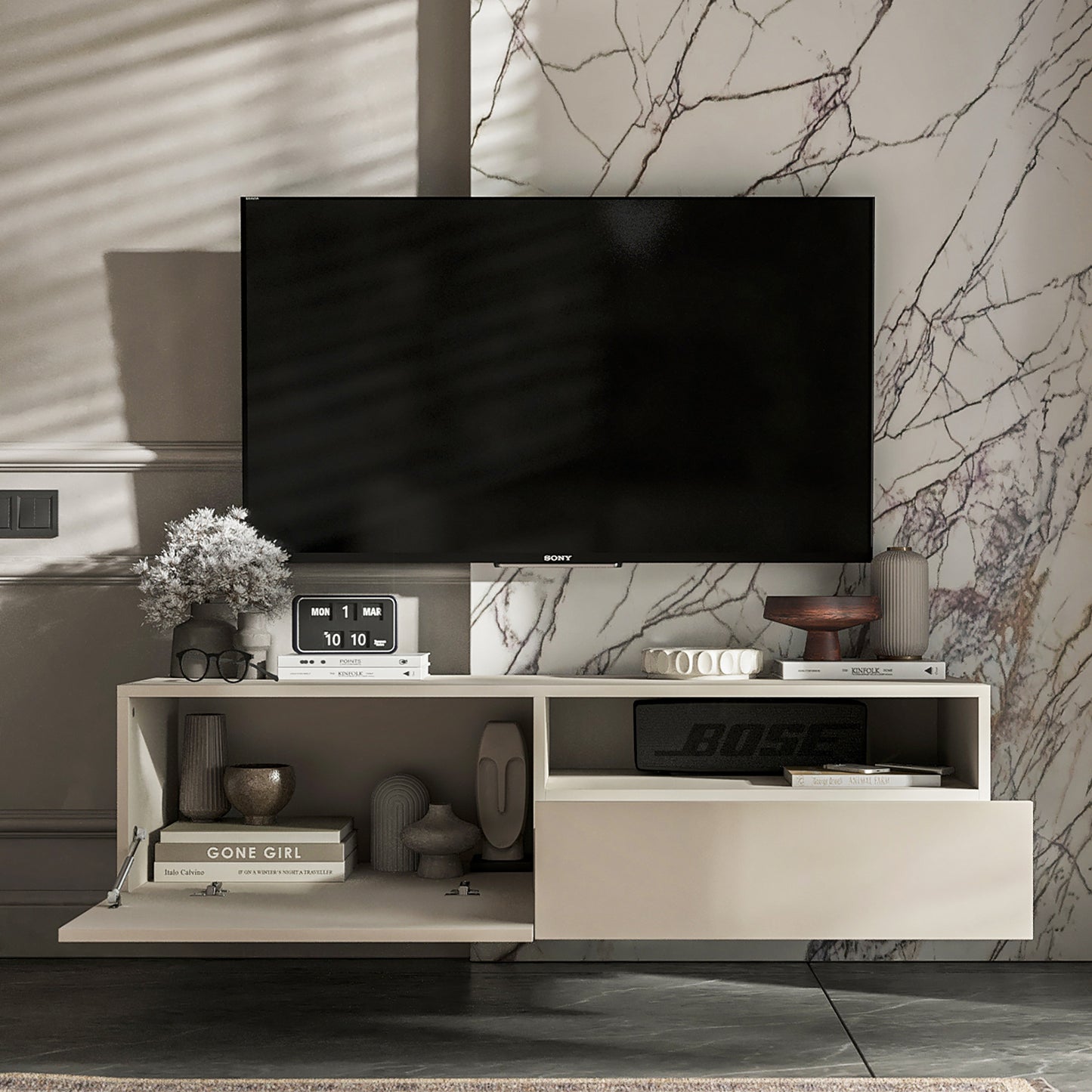 Enjoy Minimalist Wall-Mounted TV Unit with Open Shelf - Cashmere