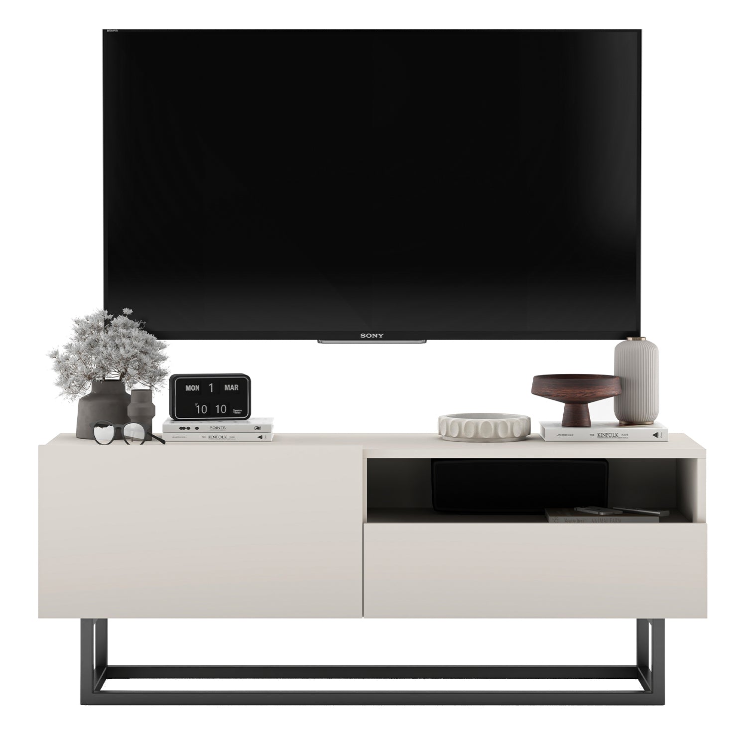Enjoy Minimalist Freestanding TV Unit with Open Shelf and Metal Base – Cashmere