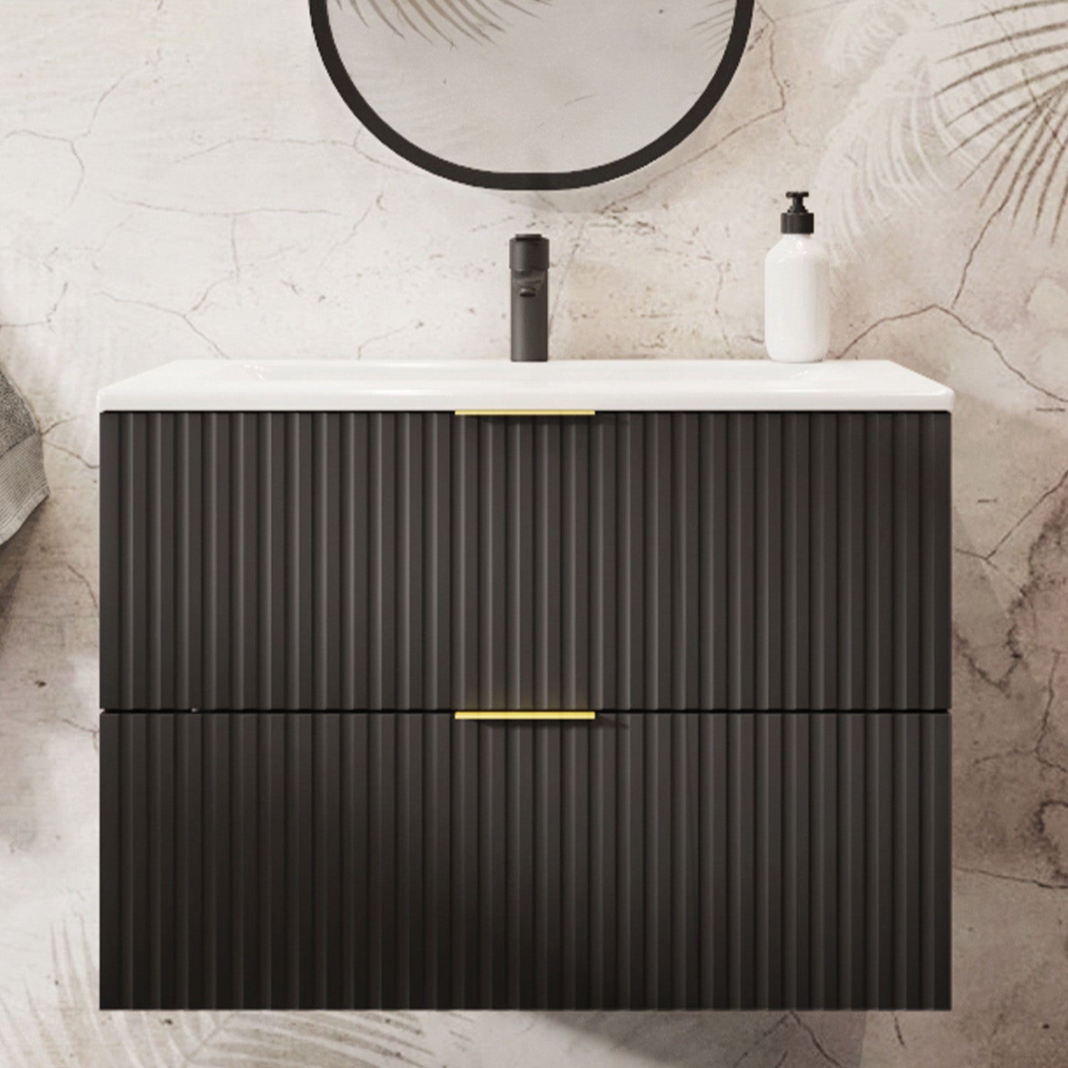 Flow Wall-Mounted 2 Drawer Bathroom Vanity Cabinet with Basin 80cm - Black