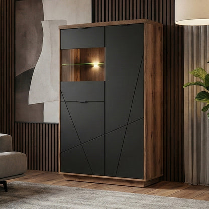 Faisa Display Cabinet 94cm with 3 Doors - Dark Delano Oak / Black Matt