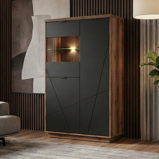Faisa Display Cabinet 94cm with 3 Doors - Dark Delano Oak / Black Matt