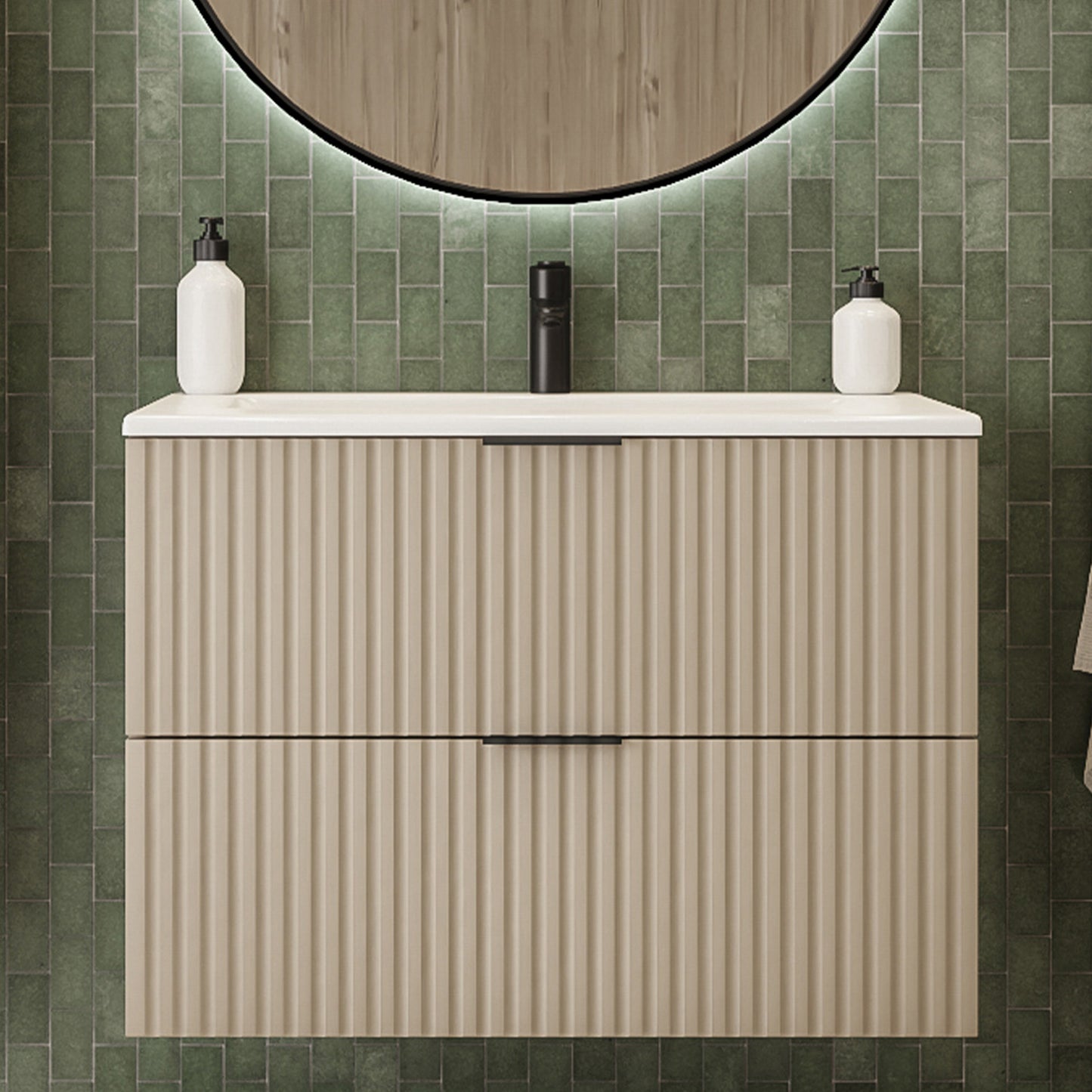 Flow Wall-Mounted 2 Drawer Bathroom Vanity Cabinet with Basin 80cm - Cashmere