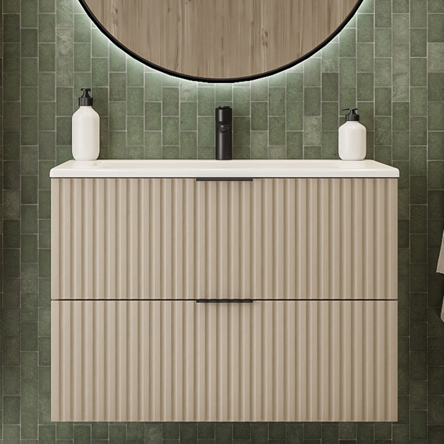 Flow Wall-Mounted 2 Drawer Bathroom Vanity Cabinet with Basin 80cm - Cashmere