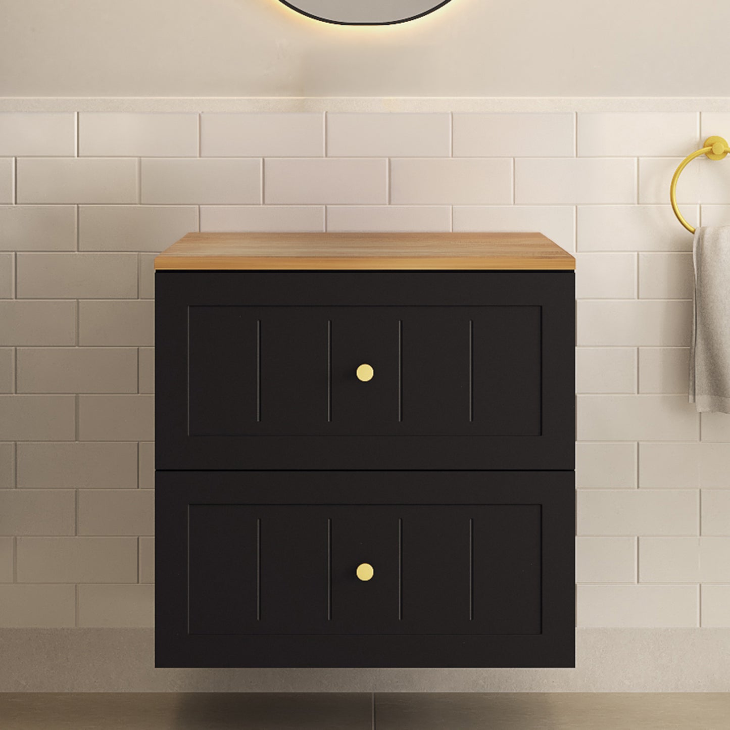 Gusto Scandi Style 2 Drawer Wall Cabinet Vanity Unit with Worktop 60cm - Black