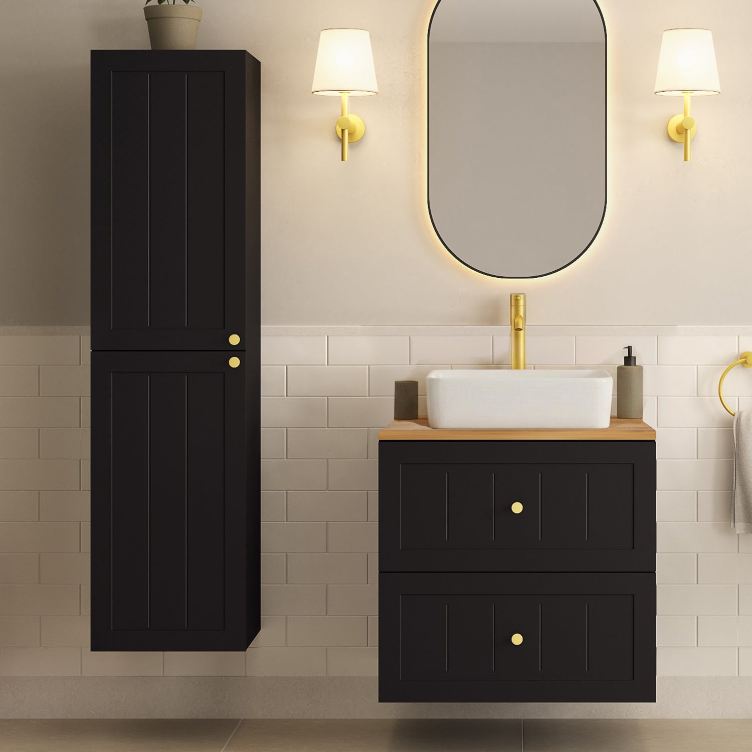 Gusto Scandi Style Bathroom Wall Cabinets Vanity Unit with Worktop Basin Set 35cm & 60cm - Black