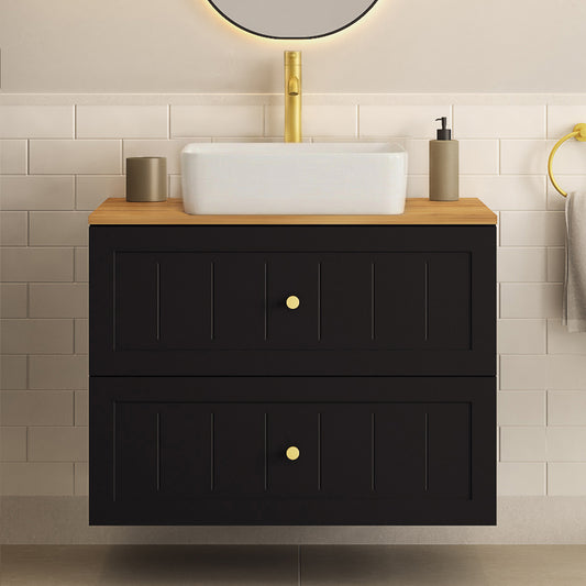 Gusto Scandi Style 2 Drawer Wall Cabinet Vanity Unit 80cm with Worktop Basin - Black