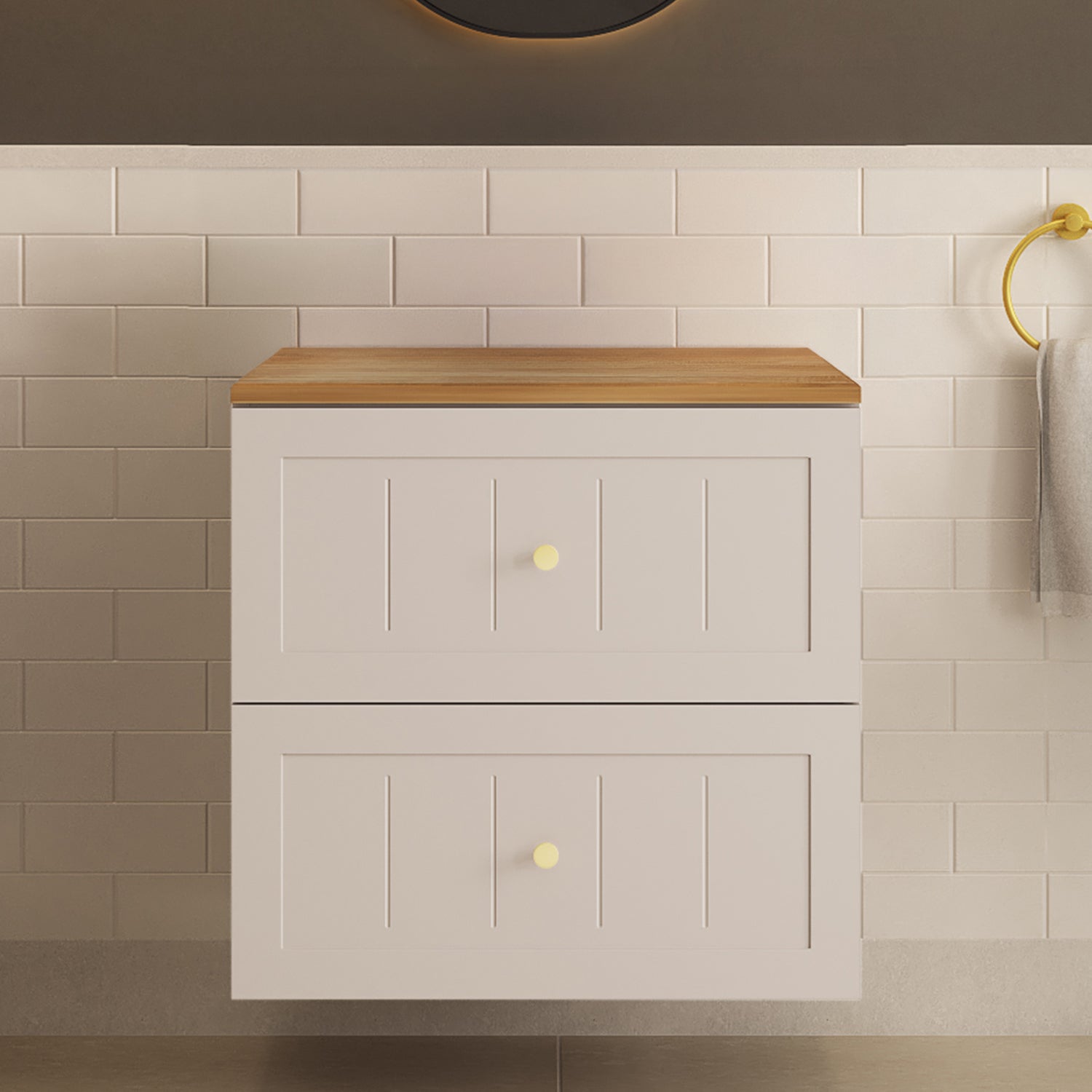 Gusto Scandi Style 2 Drawer Wall Cabinet Vanity Unit with Worktop 60cm - Cashmere