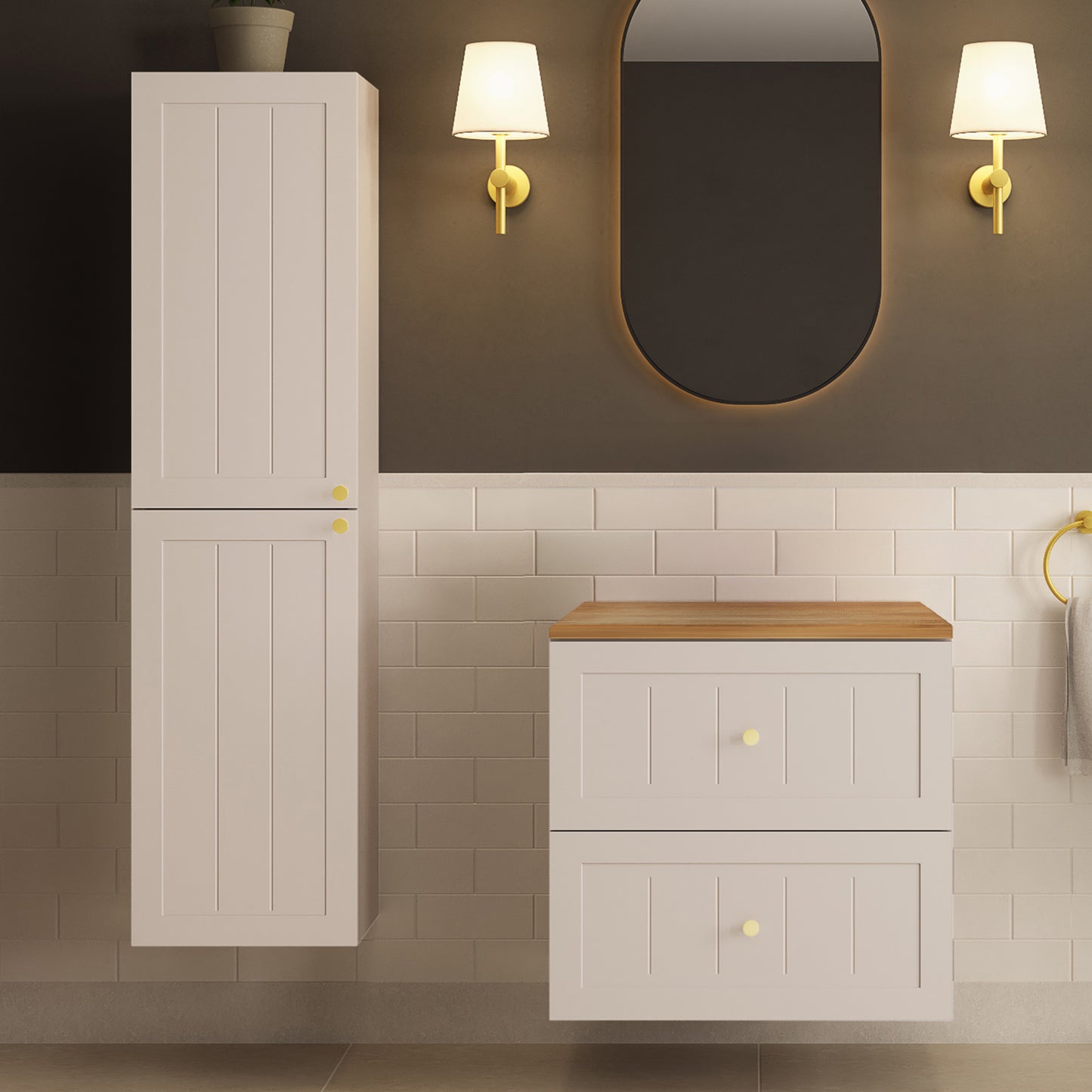Gusto Scandi Style Bathroom Wall Cabinets Vanity Unit with Worktop Set 35cm & 60cm - Cashmere